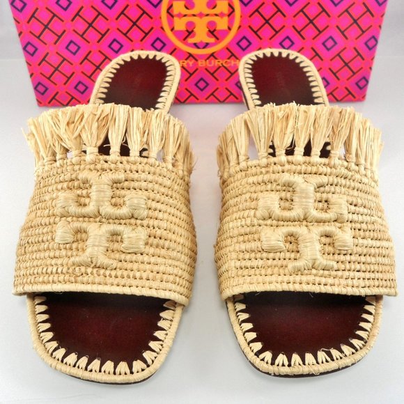 NIB $378 Tory Burch Eleanor Raffia Kitten-Heel Mules Double T Slip On Sandal 6.5 - Picture 8 of 11